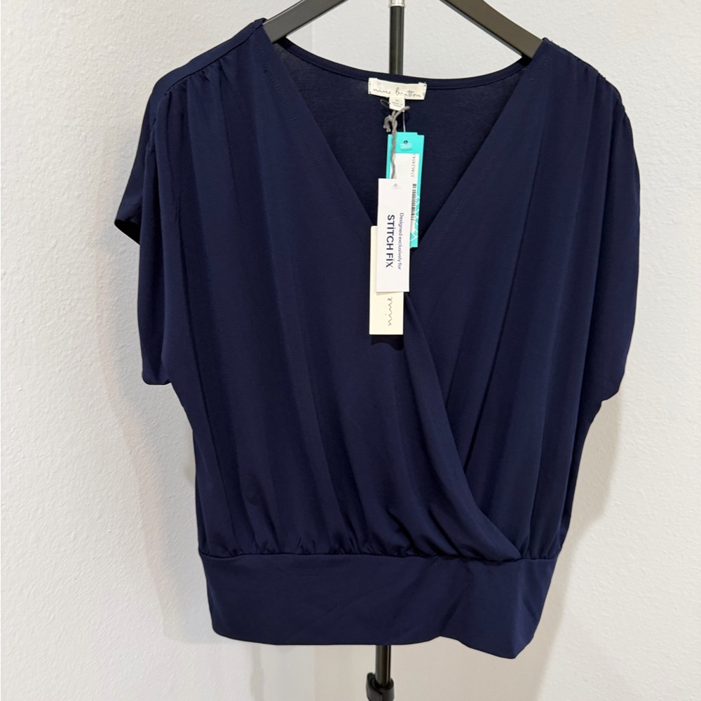 nine britton Navy Wrap Front Blouse